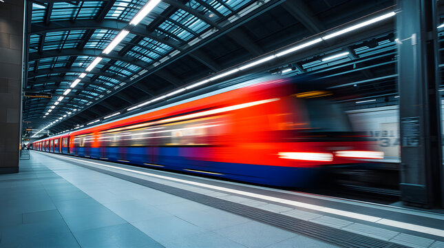 Red and blue train passing through illuminated station at high speed