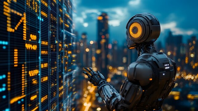 Futuristic robot analyzing digital stock market data on a transparent screen with a city skyline in the background at dusk