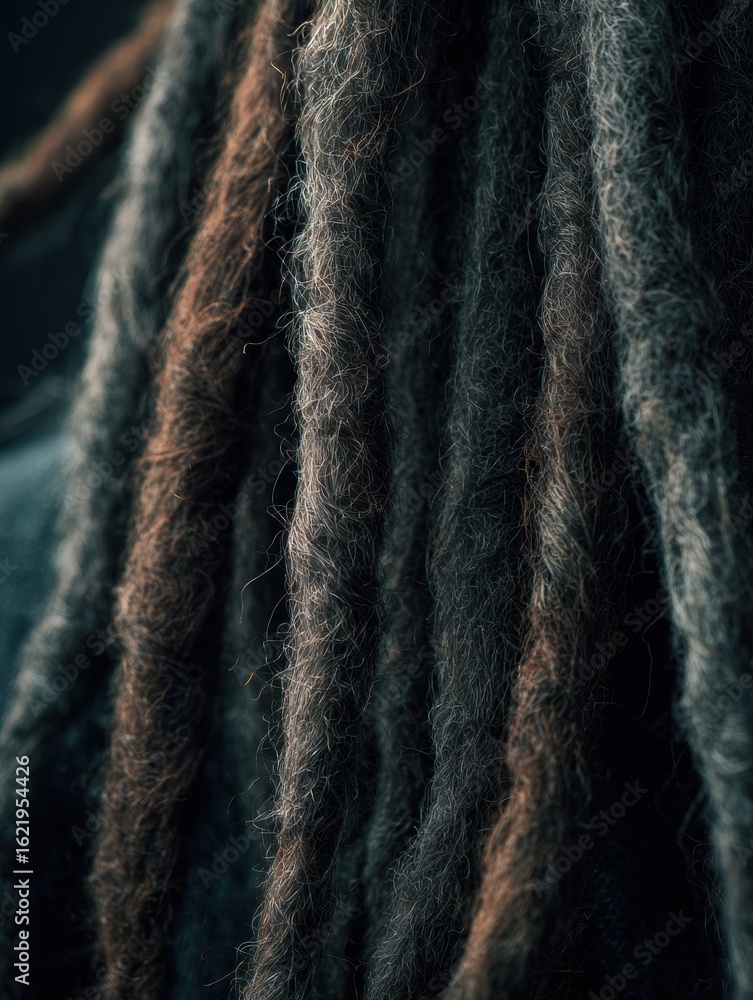 Poster detailed view of dreadlocks on a dark background highlighting texture and color variations throughou
