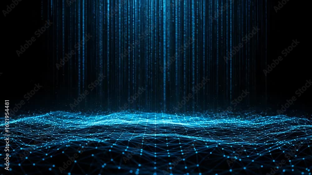 Poster a digital abstract background shows blue data streams falling onto a wavy network grid in a futurist