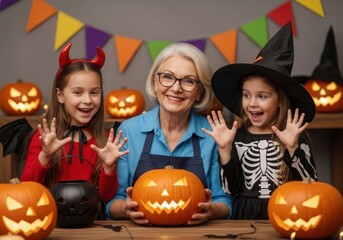 Fototapeta premium Grandmother and two girls in Halloween costumes with carved pumpkins child