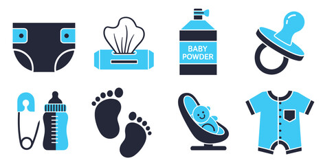 Baby diaper vector icons collection with infant care changing table hygiene and parenting symbols