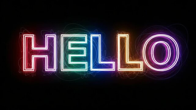 Bright neon hello sign with rainbow color lettering on black background, glowing hello is modern and eye catching. Neon hello creates an inviting ambiance, signaling welcome and openness.