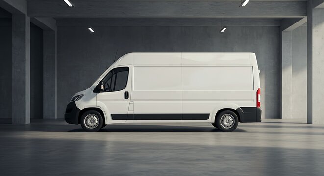 White commercial delivery van standing in a modern concrete garage. Side view for vehicle branding mockup and logistics transportation services.