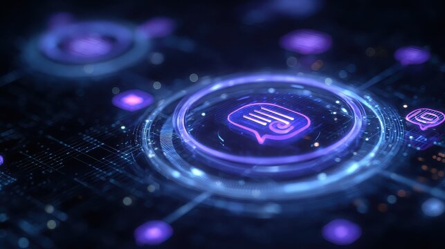 Glowing speech bubble icons on a futuristic circuit board network