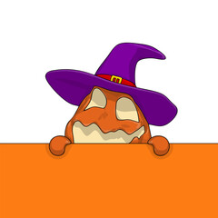Halloween pumpkin funny and cute peeks out behind the wall. One of the symbols of the autumn holiday. Vector illustration.