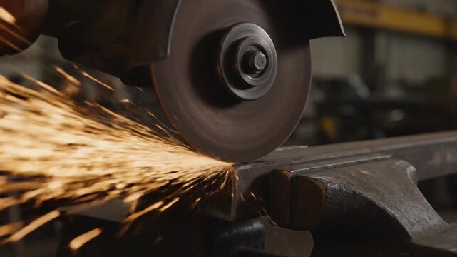 Close-up of an angle grinder cutting metal clamped in a vise, with sparks flying.