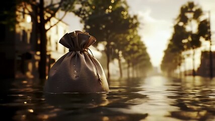Canvas Bag in Flooded Street Reflecting Sunset in an Urban Scene with Trees Buildings