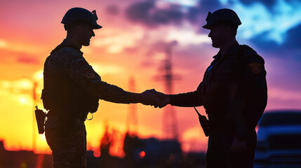 Two soldiers shaking hands in front of a sunset