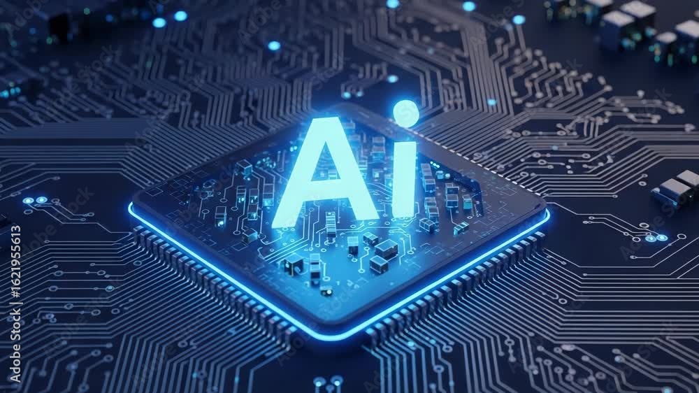 Poster artificial intelligence chip with intricate circuitry glowing in blue, a marvel of technology. artif