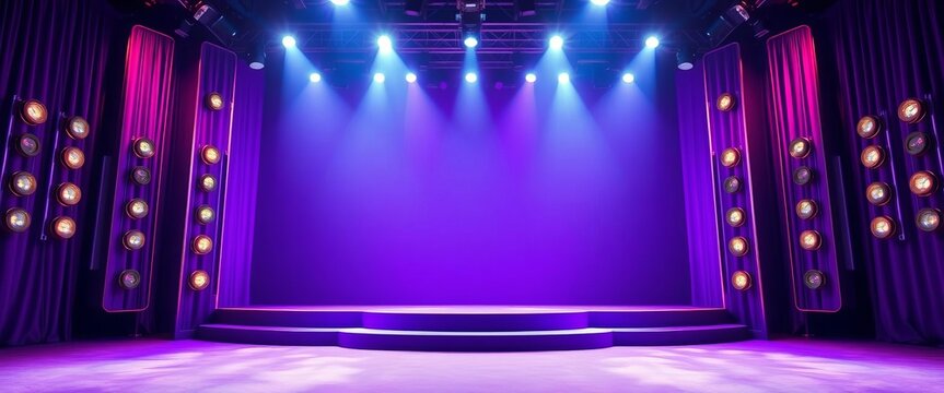 Empty purple stage, bright spotlights, game show setting, game show,  atmosphere