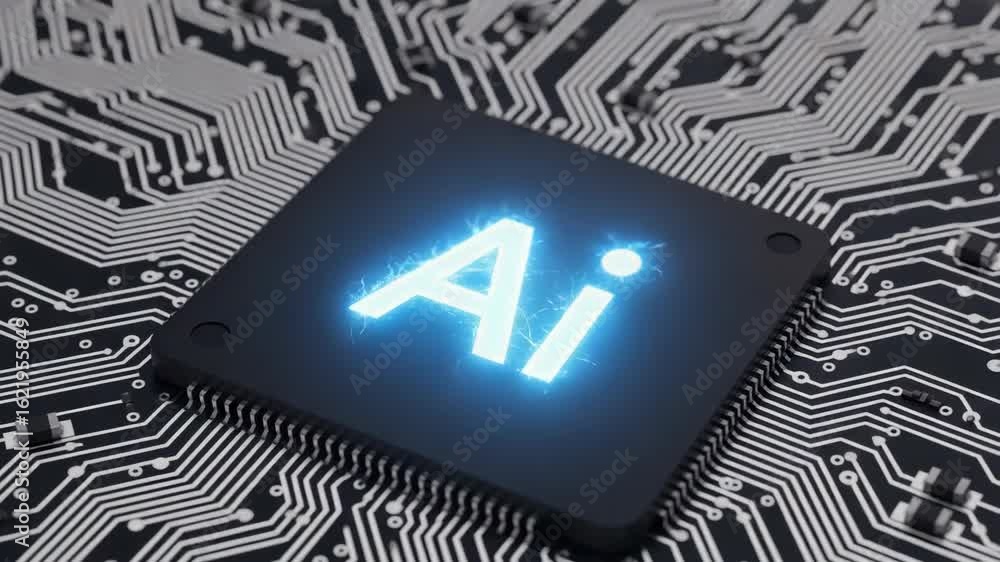 Poster exploring ai chip technology with advanced circuit board and glowing letters. ai chip is part of fut