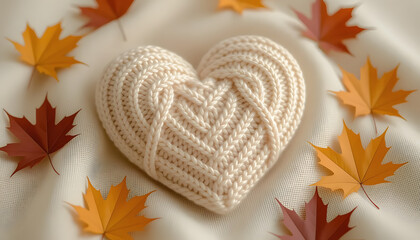 Cozy Knit Heart Surrounded by Autumn Leaves on Soft Fabric Texture