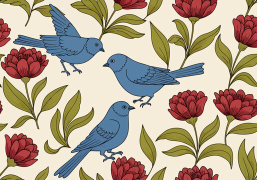 Elegant floral pattern featuring charming bluebirds and deep red blossoms for a classic wallpaper design
