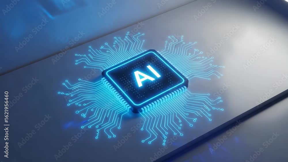 Poster neon ai chip displayed on device, a groundbreaking technology. ai chip with illuminated circuits sho