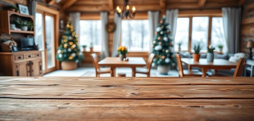 Fototapeta premium Empty rustic brown wooden tabletop against a blurred winter home interior, home, photo