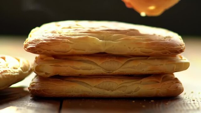 Golden Msemen Flatbreads Stacked High on Wooden Table Displaying Authentic Moroccan Cuisine and Baking Traditions Showcasing Delicious Home Style Cooking for Bakery and Pastry Promotion