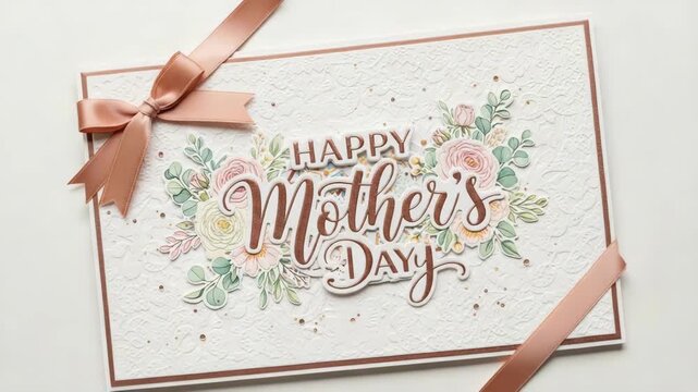 Happy Mother's Day card featuring floral decorations and elegant ribbon, designed for heartfelt greetings. Mother's Day celebration includes beautifully decorated stationery,
