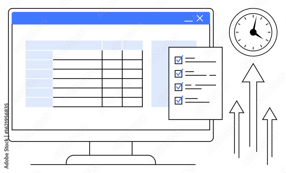 Poster computer monitor with spreadsheets, checklist with ticked items, clock, and upward arrows. ideal for