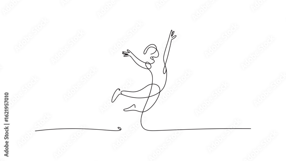 Poster joyful person jumping continuous line art for positive vibes on transparent canvas
