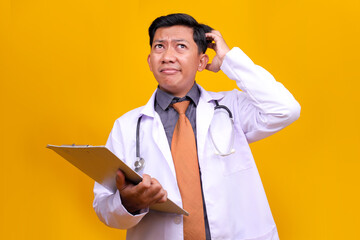 Professional Male Medic in a White Coat Showing Uncertainty While Holding a Clipboard
