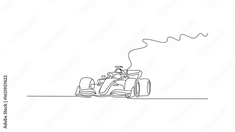 Poster dynamic formula one racing car single line drawing on transparent backdrop for graphics