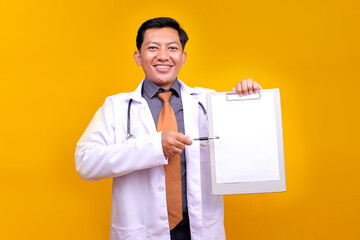 Smiling Asian Male Doctor Physician Pointing with Finger At Test Result On Clipboard