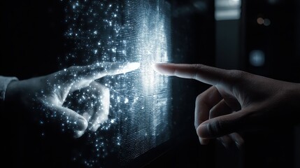 Digital transformation with hands touching glowing screen interface