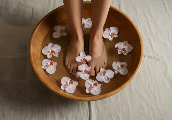 Woman feet spa treatment with flowers