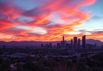Fototapeta premium Fiery orange and purple hues paint the Phoenix skyline at sunset, image, rays