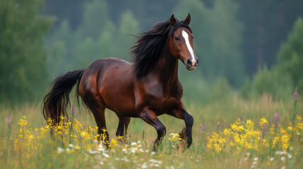 Obraz premium Majestic brown horse galloping through vibrant wildflower meadow under soft morning light