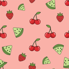 Cheerful summer fruits pattern with strawberries cherries and watermelon for playful designs and vibrant backgrounds
