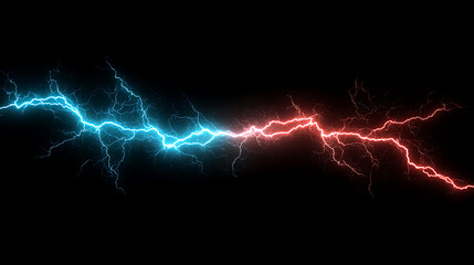 Vibrant blue and red lightning bolts striking against a dark background, showcasing energy