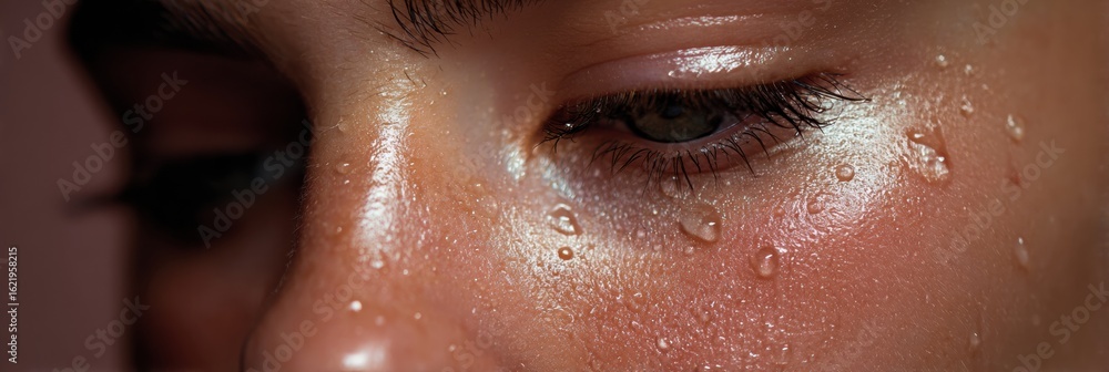Aufkleber droplets of water rolling down forehead creating contrast with matte skin surface against a soft bac