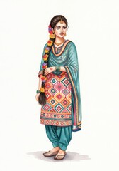 Elegant Woman in Traditional Punjabi Suit - A young woman in a beautiful teal and multicolored Punjabi salwar kameez, adorned with floral hair braid