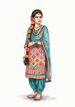 Elegant Woman in Traditional Punjabi Suit - A young woman in a beautiful teal and multicolored Punjabi salwar kameez, adorned with floral hair braid