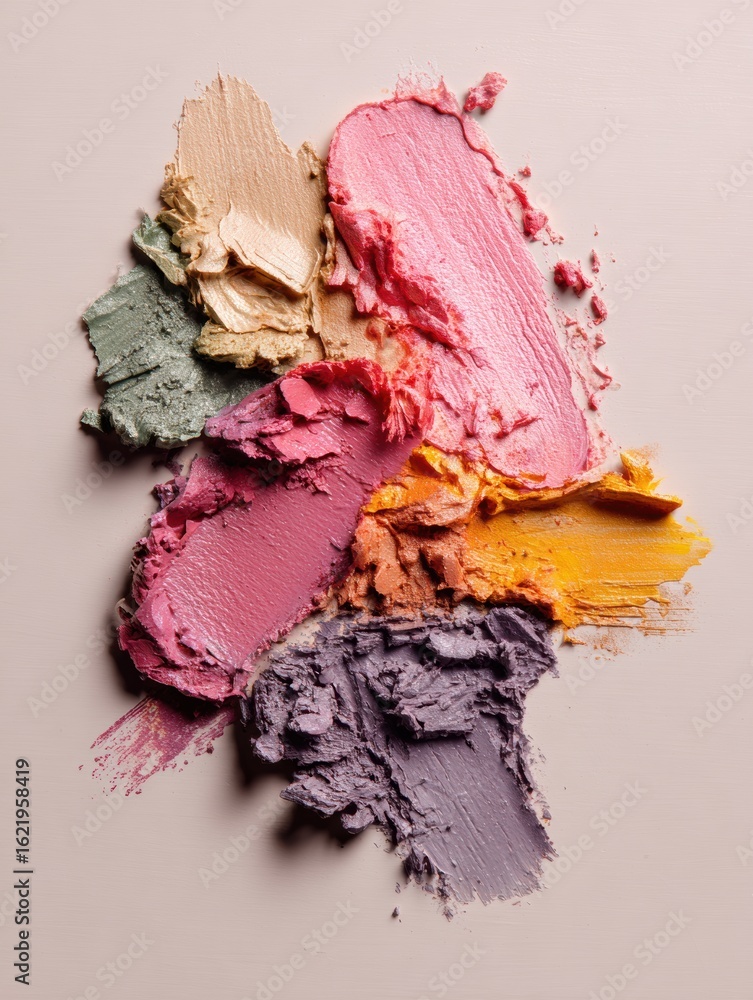 Poster smeared makeup textures create an artistic display reminiscent of a vibrant art palette on a clean c