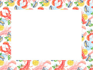 Rectangle seafood rectangle frame with lobster, shrimp, lemon, parsley pattern on white background. Central space left for text. Perfect for food menus, banners, event flyers, or culinary branding.