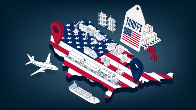 Rising US Import Tariffs affecting global logistics with planes, cargo ships, trucks, and trade routes representing economic conflict.