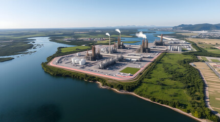 Fototapeta premium Petrochemical plant emitting smoke over river and green landscape, aerial view