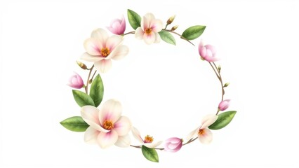 Fototapeta premium A half-circle magnolia wreath in vintage botanical style, isolated on white. Clean, minimal, realistic, and elegant design.