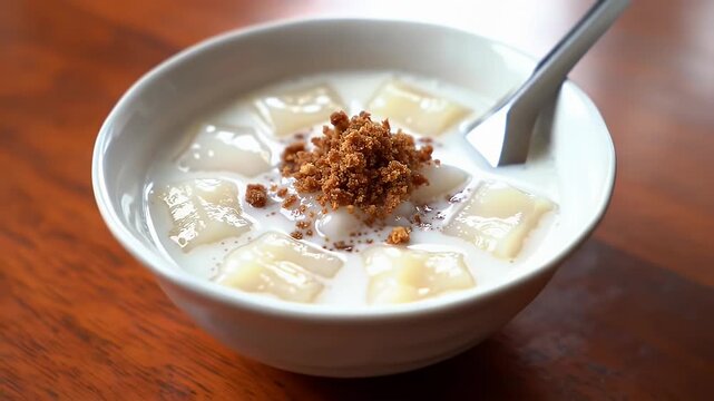 Authentic Bua Loy Thai Dessert with Coconut Milk and Palm Sugar Served in White Bowl on Wooden Table Close Up Shot A Culinary Delight and Comfort Food Rich in Culture and Flavor