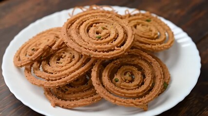 Authentic Spiral Bhajani Chakli Displayed on White Plate with Wooden Table Background Perfect for Culinary Projects Snack Commercials Bakery Promotion and Cultural Events Related to Indian Cuisine