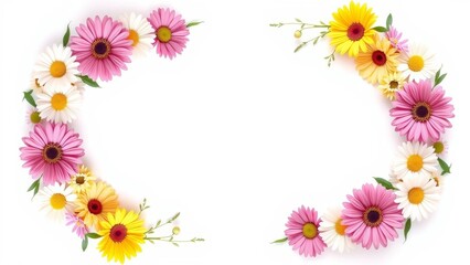 Fototapeta premium L-shape daisy wreath, vibrant tropical style, isolated on white, clean, minimal, realistic, elegant. Ideal for wedding cards, invitations.