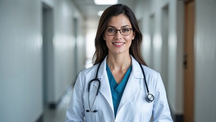 Female doctor standing in bright white hospital corridor. Healthcare medical nursing concept