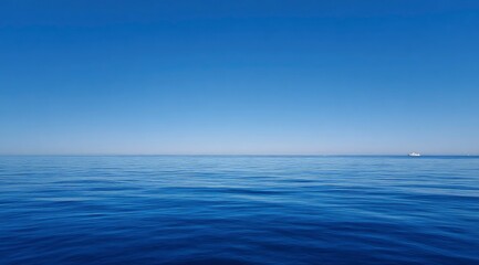 Calm ocean, distant vessel, clear blue sky, peaceful seascape; travel backdrop