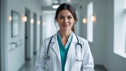 Female doctor standing in bright white hospital corridor. Healthcare medical nursing concept