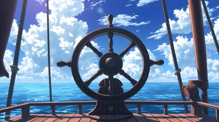 A close-up image of a wooden ship wheel on a boat with a blurry background of ocean water and a blue sky,