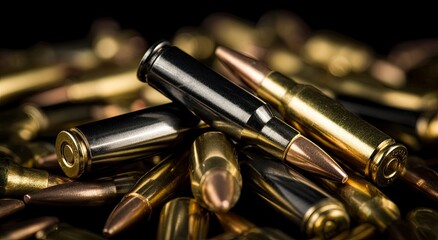 Ammunition Pile Close-Up  Two cartridges rest atop a large pile of various bullets against a black background.  Use  Military, hunting, or firearms article