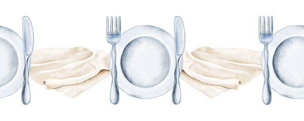 Seamless watercolor border with blue plates, forks and beige cloth on white background. No space for text. Perfect for table themed prints, menu dividers, or culinary paper products.